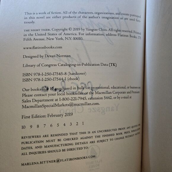 SIGNED ARC - The Night Tiger By Yangsze Choo; 2019 - Picture 4 of 4